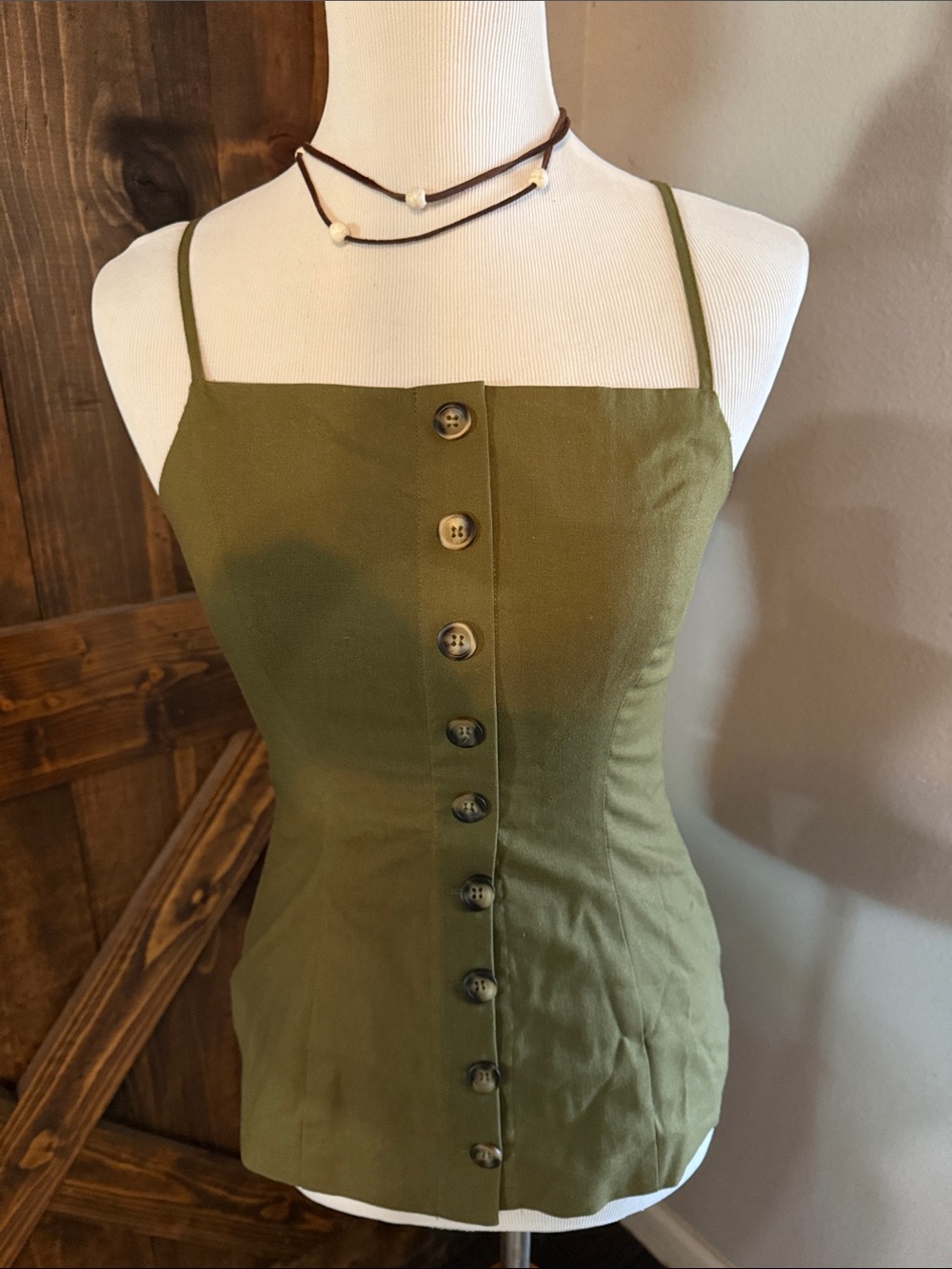 Olive Green Button-Front Spaghetti Strap Top